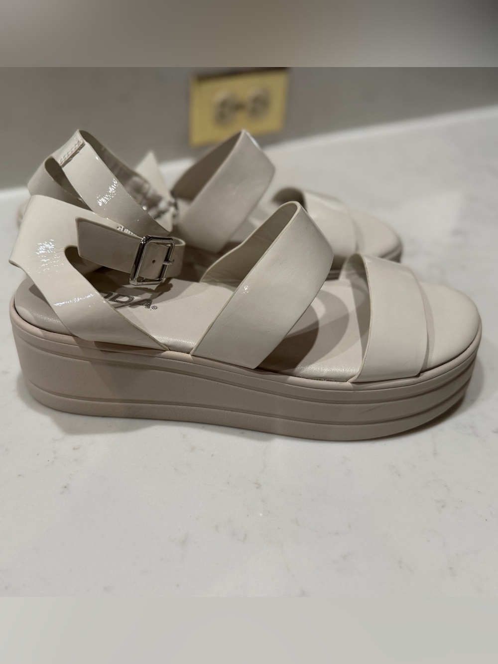Soda Off-White Patent Platform Ankle Strap Sandals